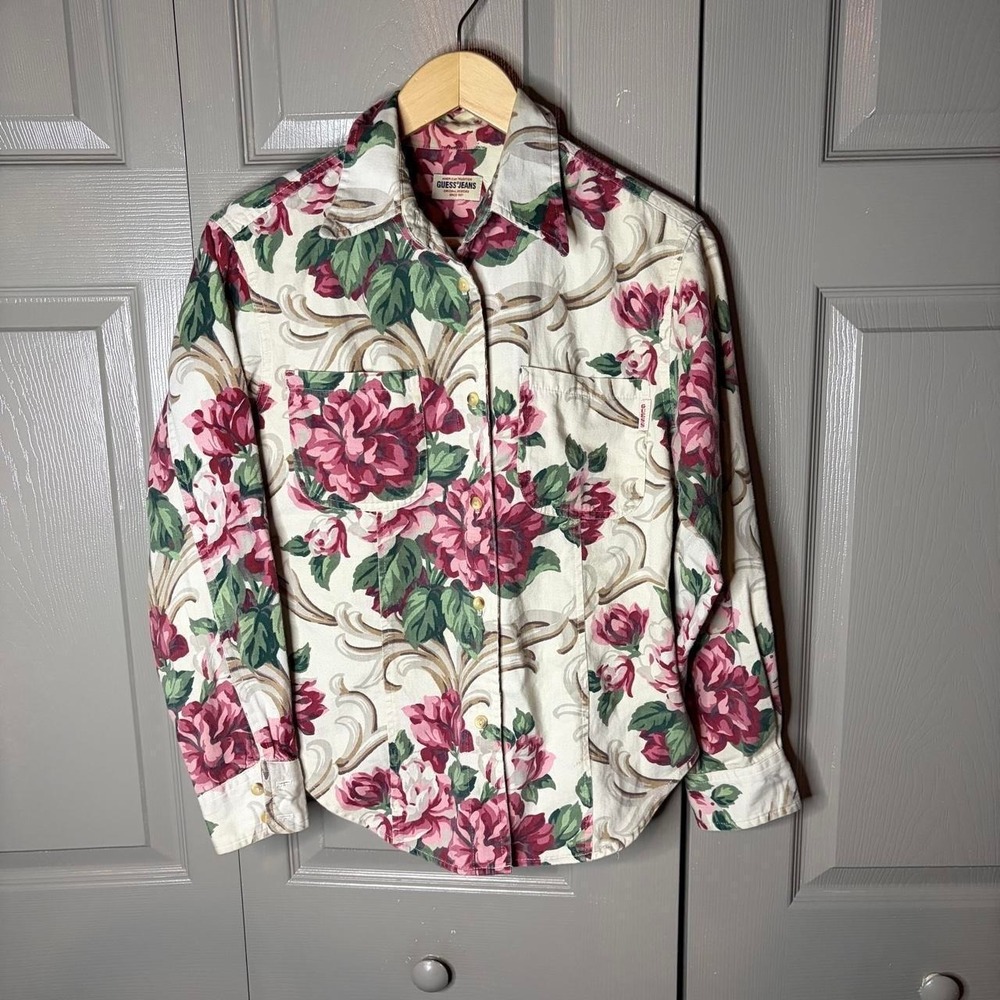 Vintage Guess Jeans Floral Rose Button Up Shirt Women Large Made in USA Y2K 90s
